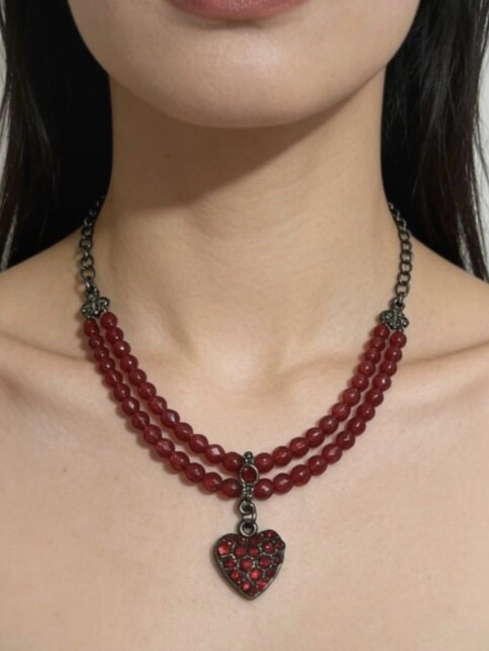 Red Beaded Heart Pendant Necklace by